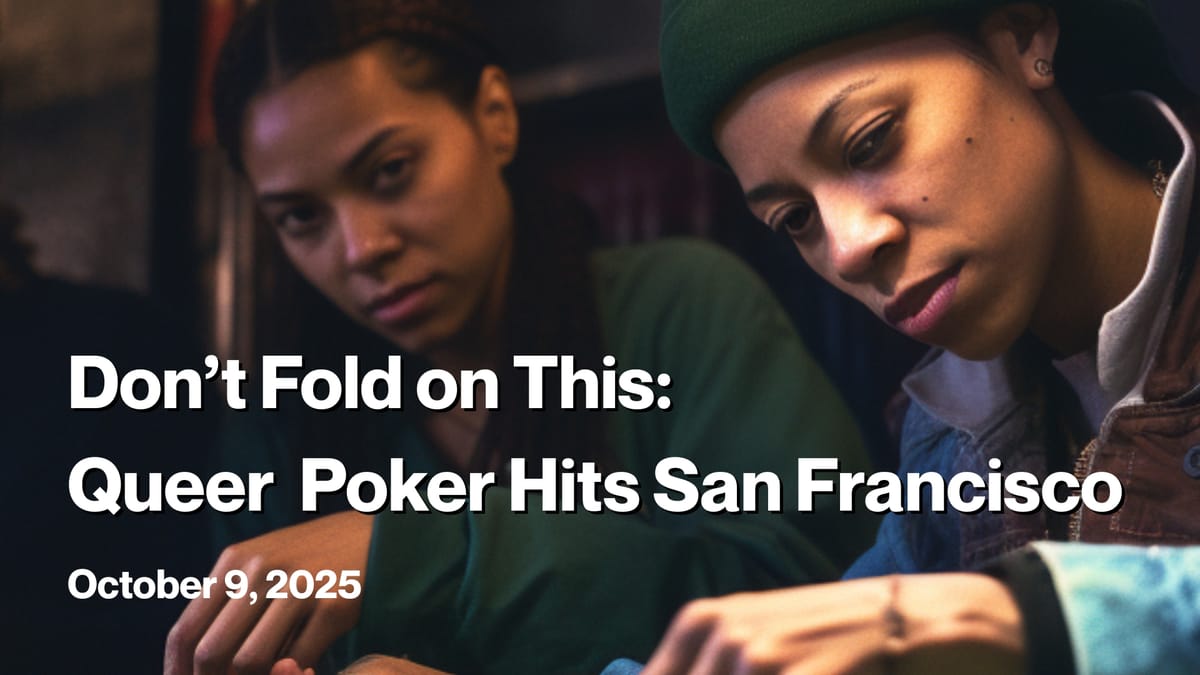 Two queer players focused on a poker hand in a dimly lit bar, exchanging glances across the table.