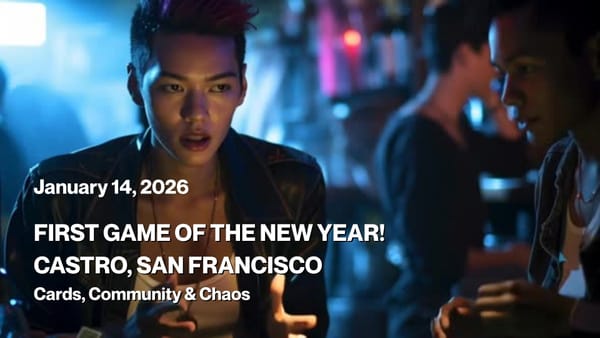 Queer poker players at the first 2026 game in San Francisco’s Castro district, playing cards in a dimly lit bar.